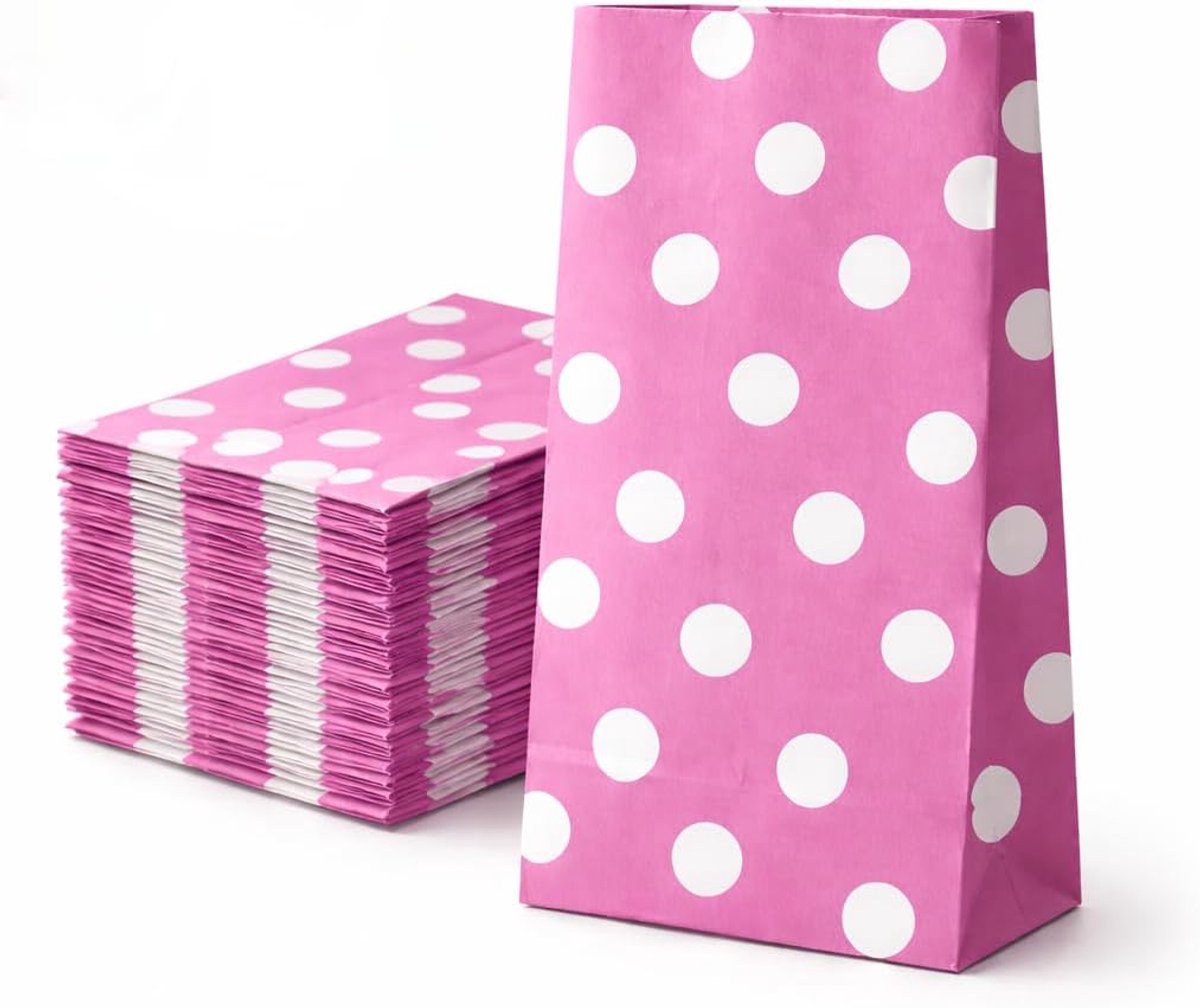 Cadeauzakjes, papier, 50 stuks, 12 x 7 x 21 cm, feestzakjes voor meisjes, gestippeld, 60 g/m², cadeauzakjes voor verjaardag, cadeautje en kleine verrassingen, plasticvrij
