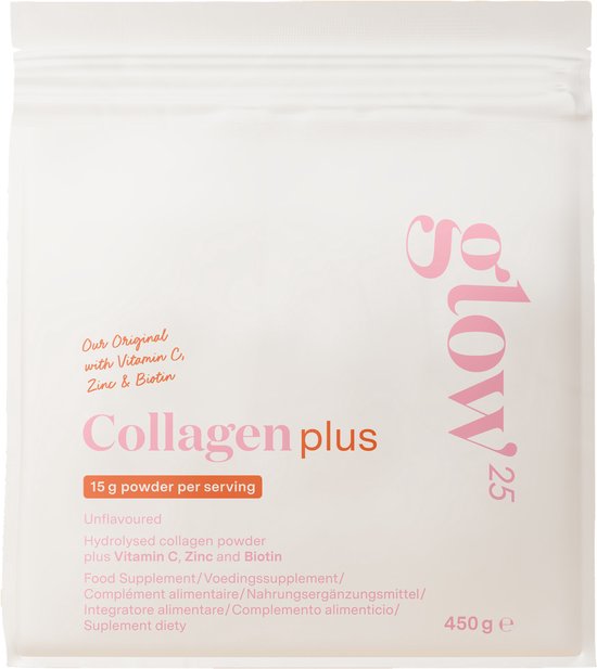 Lichtroze verpakking met "Glow25" en "Collageen plus". Bevat 15g poeder per serving.