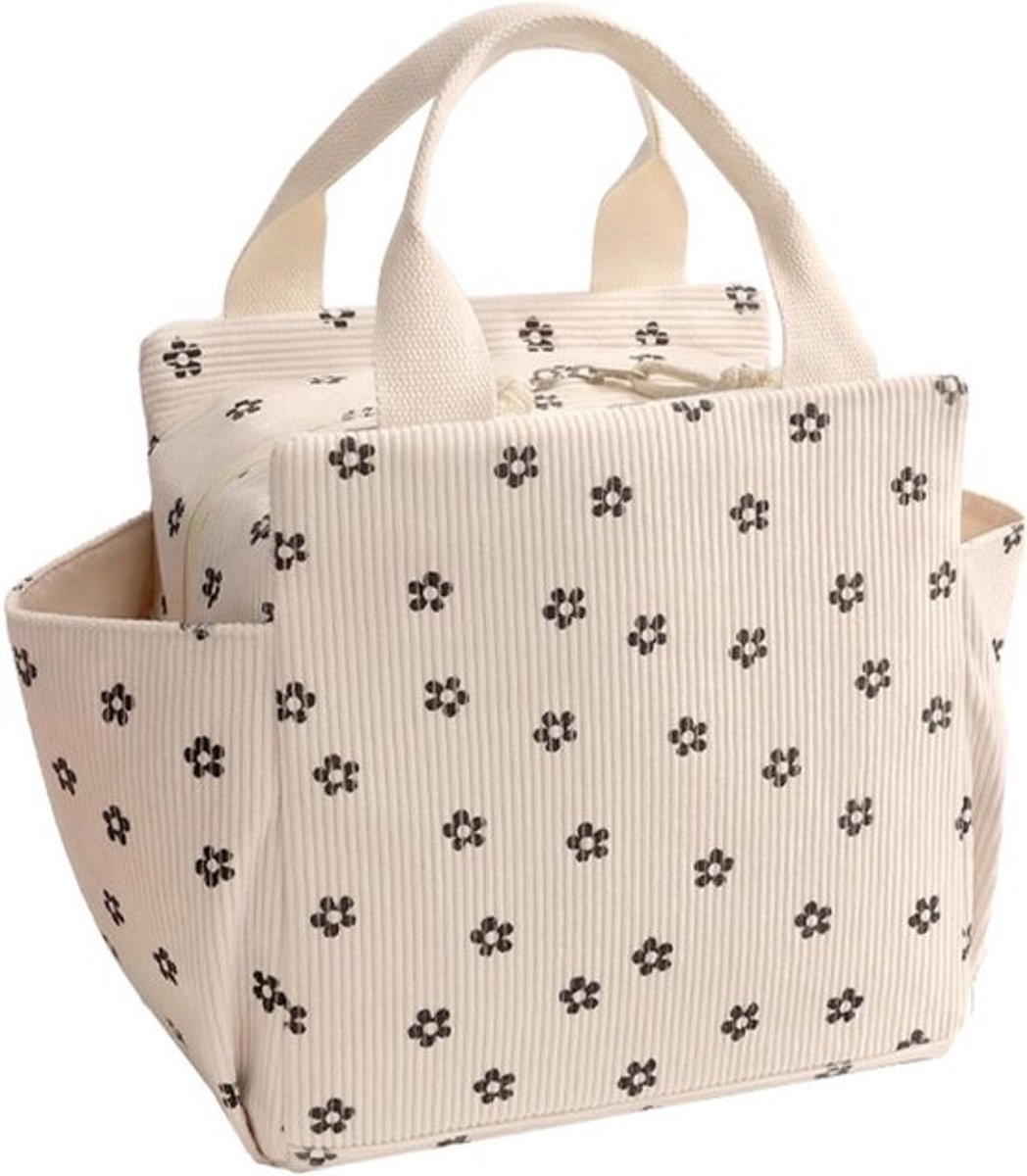 Tas-Picknicktas-Luxe Corduroy Lunchtas - 12L Grote Capaciteit Koeltas - Geïsoleerde Lunchbox Tas voor Dames en Heren - Thermische Bento Tas voor Werk, Picknick en Reizen - 26x18.5x25 cm - Modern Vierkant Ontwerp-wit