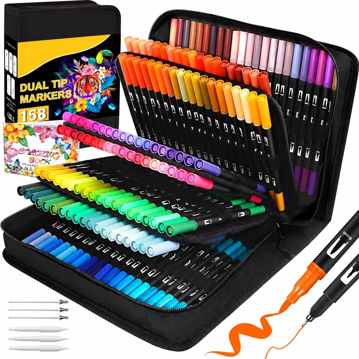 158 kleurstiften - fineliners met dubbele punt - brushpennen - markeerstiften - met zwart etui - voor tekenen, schrijven en schetsen - voor volwassenen en kinderen