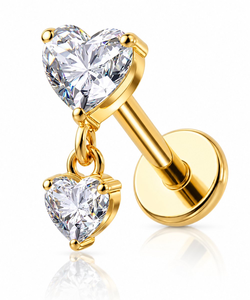 Maevi® Piercing voor Oor - Kleur: Goud - Formaat: 12 x 6 MM - Heart / Hartje / Hart / Love - Titanium - Tragus / Kraakbeen / Helix / Conch - Oorpiercing - Piercing Sieraad - Hoge Kwaliteit - Labret Piercing - Luxe Sieraad - Oorbellen