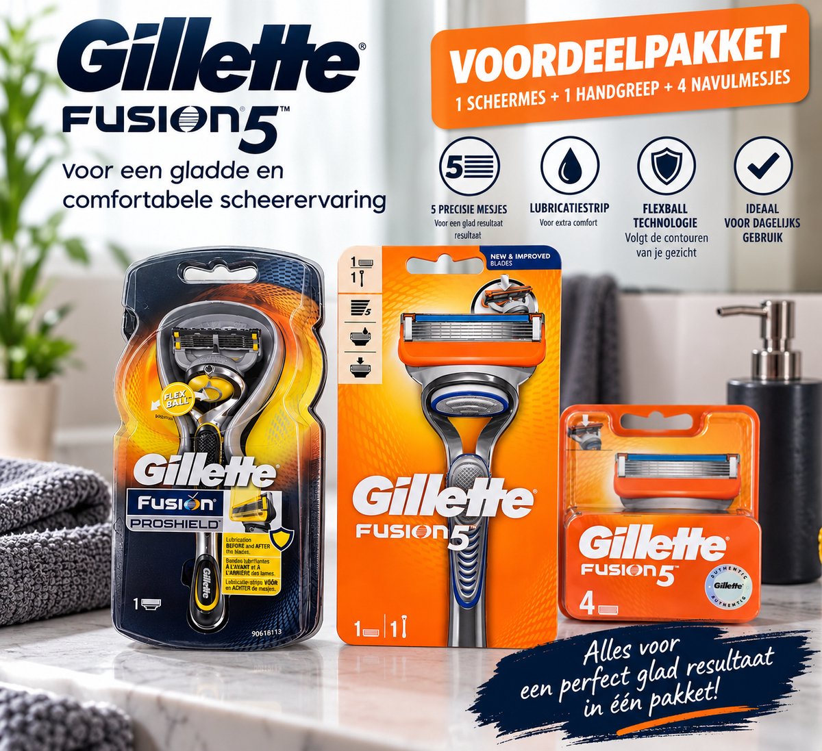 Gillette Fusion5 Scheerpakket – 2 Scheermessen + 4 Navulmesjes – 5-Blads Scheersysteem – ProShield & Fusion5