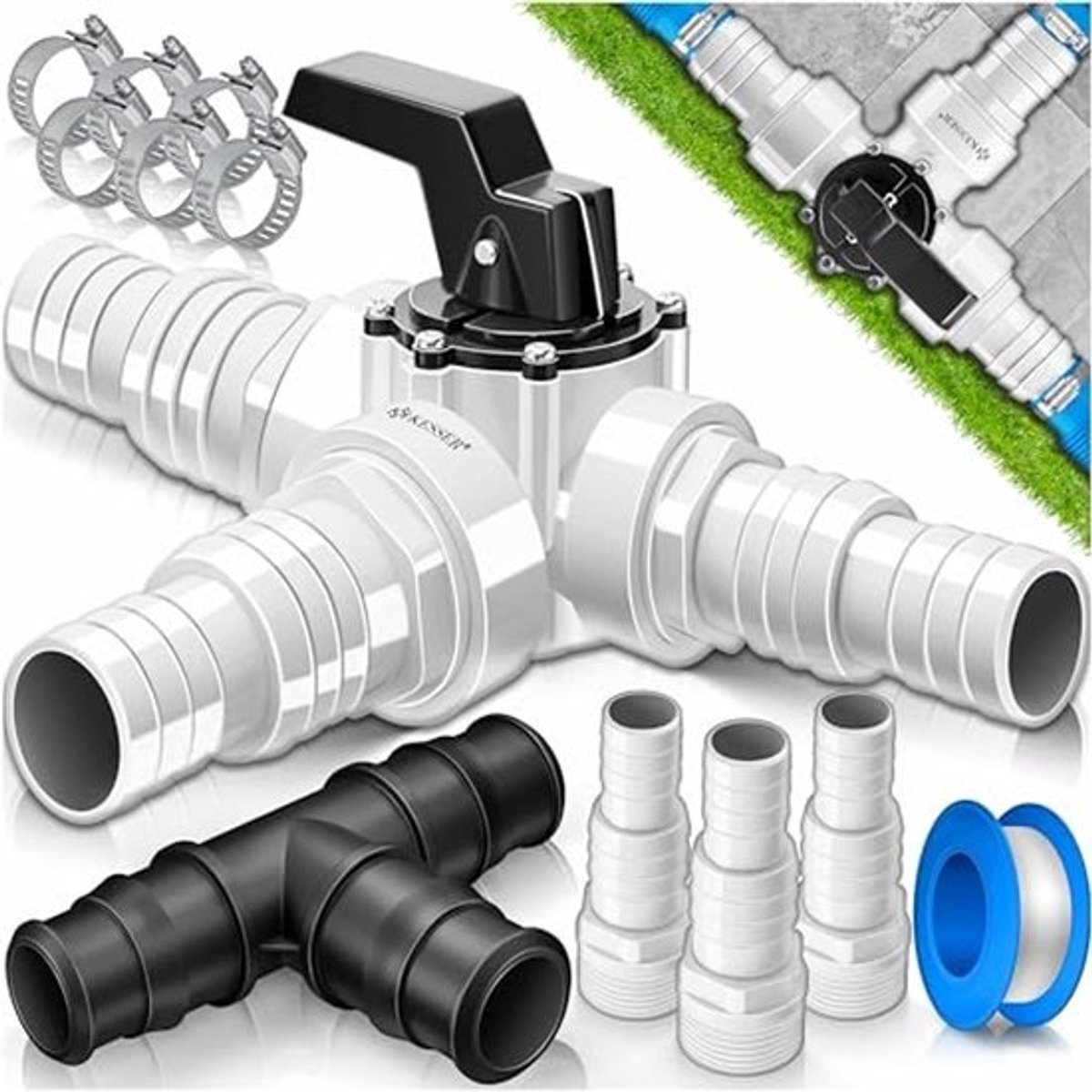 Bypass zwembadset 12-delig met 3-wegventielaansluiting en ABS-adapter Ø 32 en 38 mm