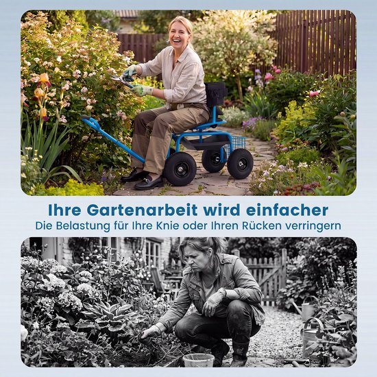 COSTWAY Tuinwagen met rolstoel en uittrekbare handgreep, mobiele tuinstoel met plank, mand, gereedschapstas en zitkussen, 360 graden draaibaar, in hoogte verstelbaar, draaibare tuinkruk tot 135 kg — afbeelding 3