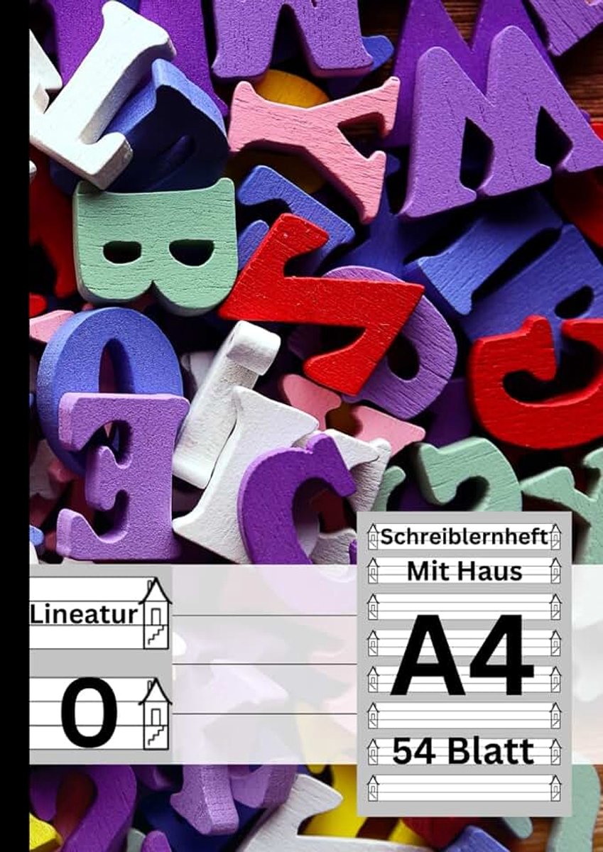 Premium Schreibheft 1 Klasse | Breite Zeilen mit Haus - 108 Seiten / 54 Blatt - A4 Format - Lineatur 0: Geeignet als Deutschheft / Schreiblernheft | Farbenfrohes Buchstaben Design
