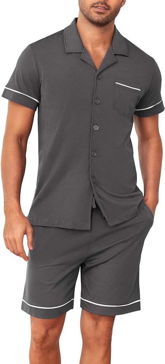Pyjama voor heren, 100% katoen, met knopen, lichte zomerpyjama met korte mouwen en korte broek, comfortabel voor thuis, op reis en ontspanning