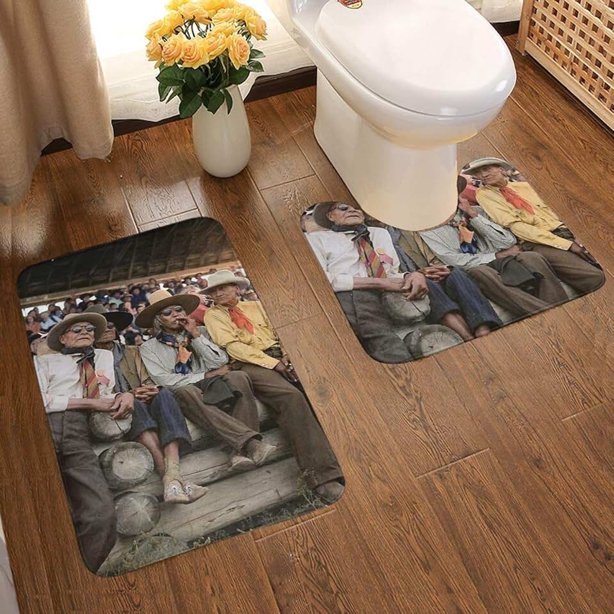 Indianen kijken naar de Rodeo op kraai beurs in Montana, 1941 2-delige zachte anti-slip bad mat Kit, textuur fotografie inclusief 80x50cm hoge absorptie wc-bril en 50x40cm microvezel zachte zach