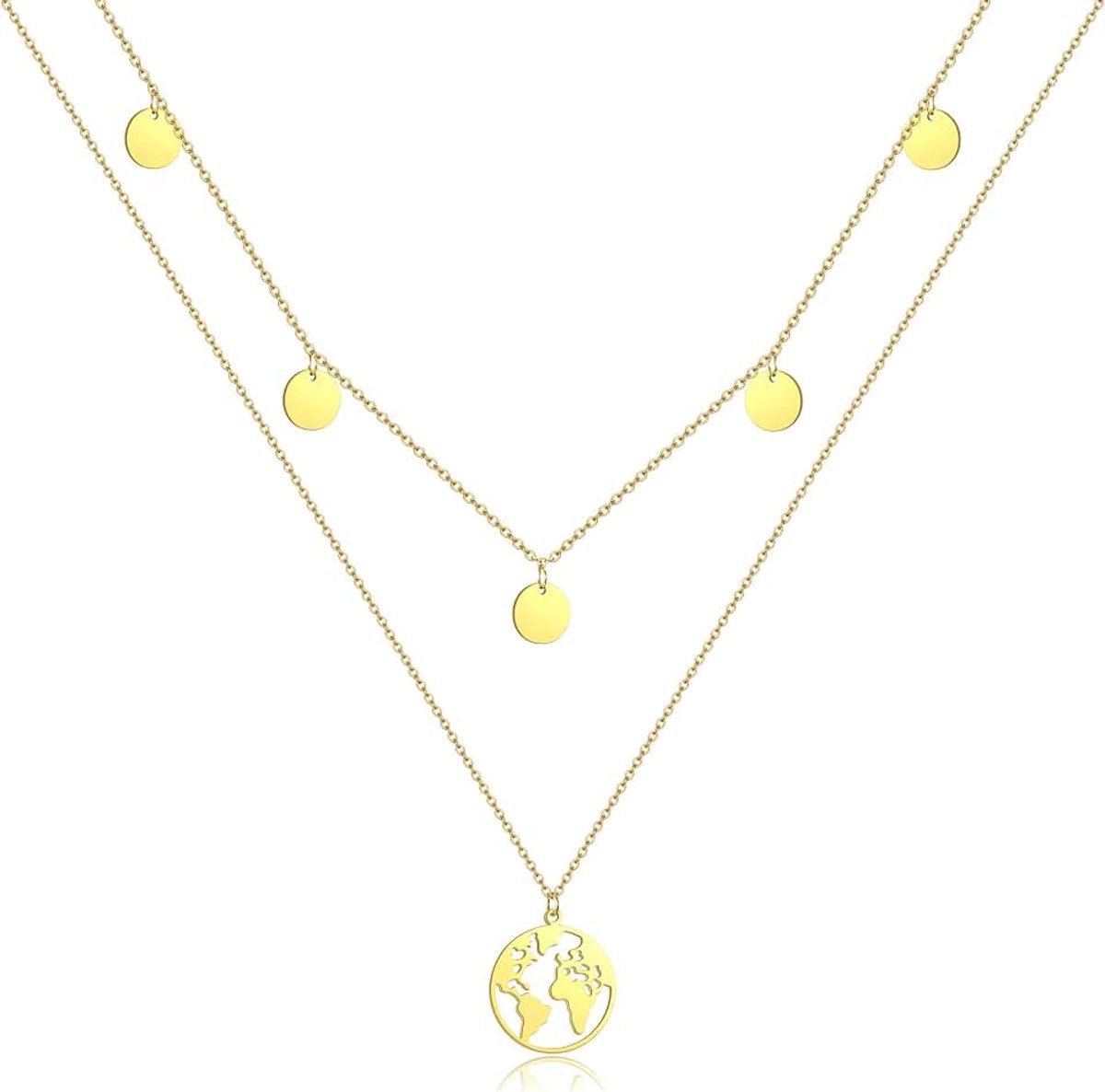Wereldketting, dames, wereldhanger, halsketting, vrouwen, dubbele ketting, wereldbol, meerlaagse ketting met 5 munten/parels, 5 runden plättchen, Roestvrij staal,