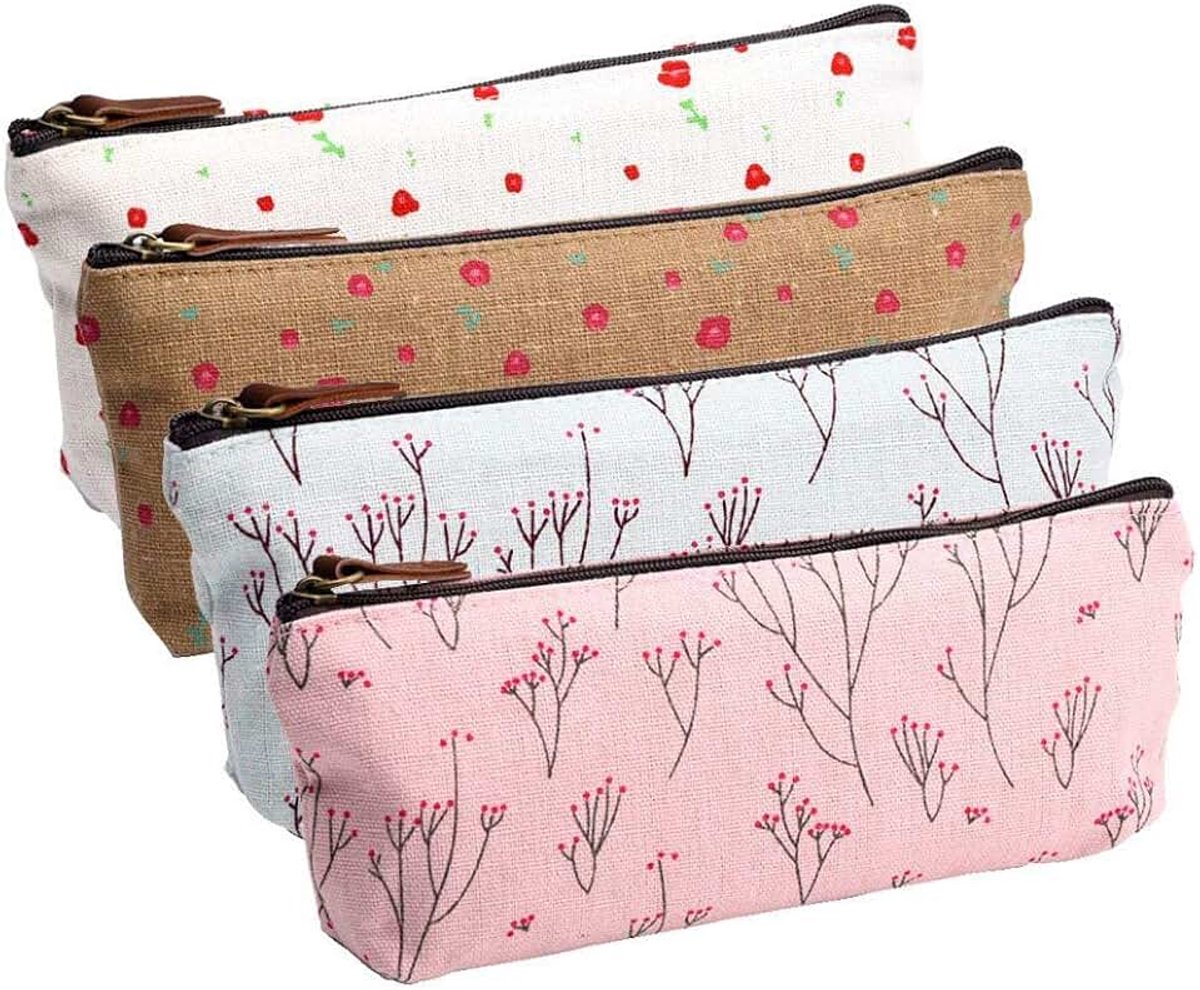4 Stuks Canvas Potloden Tassen, Rits Multifunctionele Briefpapier Potlood Bal Pen Etui Zak Cosmetische Tas Toilettasjes Verse Schattig Bloemenpatroon Voor Studenten School Levering