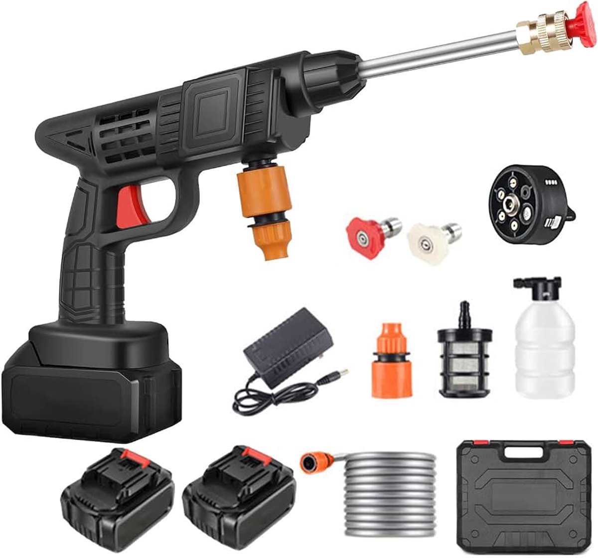 Hogedrukreiniger, Max 90 Bar Draagbare Mobiele Hogedrukreiniger met 2 x 6000 mAh Accu, 6-in-1 Multi-spray Sproeikop, 5M Slang, Verlenglans, Tuingereedschap voor Huisdieren en Auto