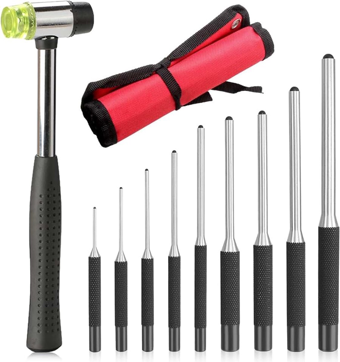 9-delige splintdriverset, 1/16 inch - 5/16 inch 40CR-V staal doorslaggereedschap splintdriver set met draagtas en hamer voor horlogereparatie, leer, sieraden, kunsthandwerk