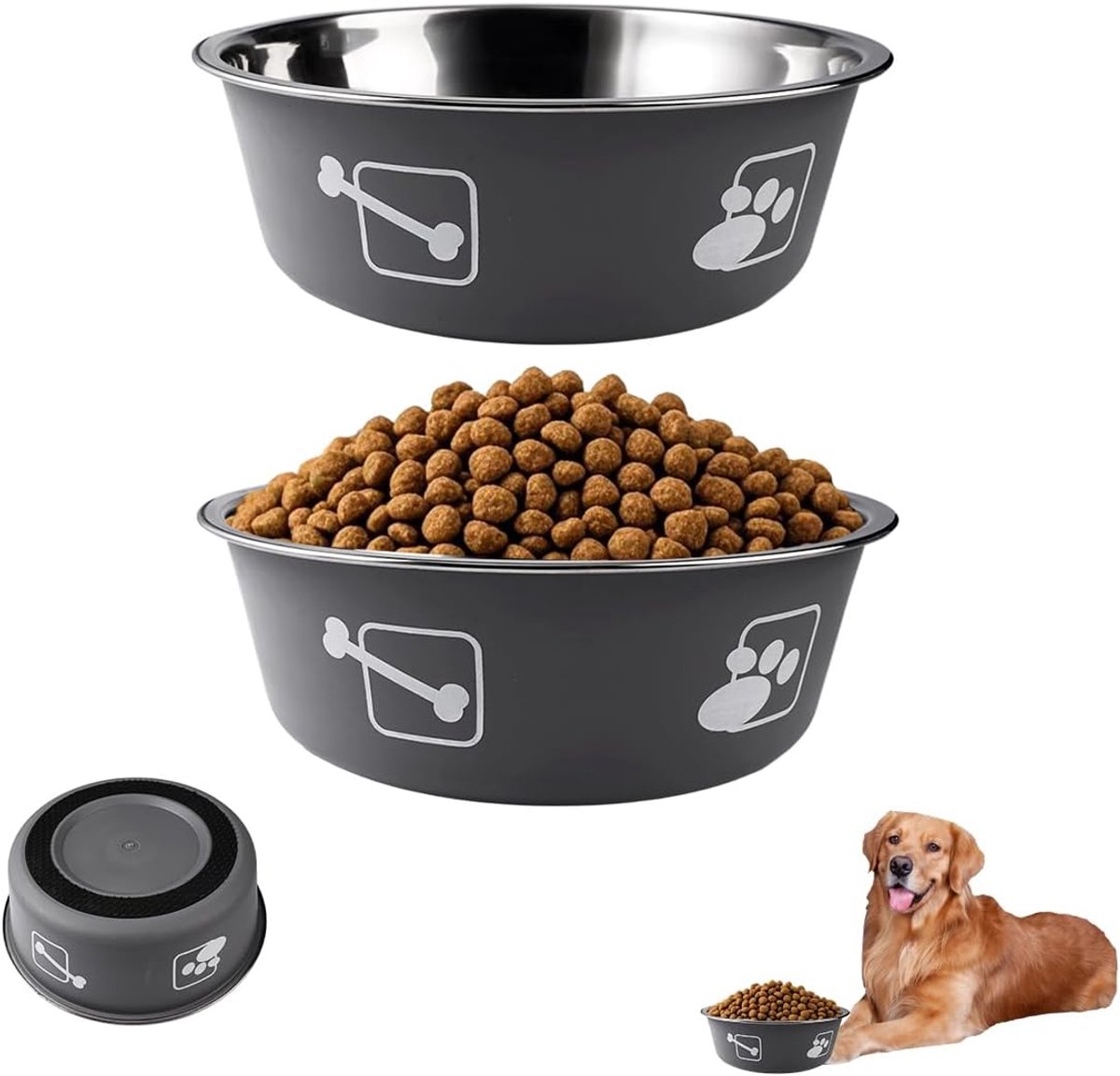 2 stuks hondenbak, roestvrij staal, groot, 1560 ml, hondenvoerbakken 20 cm, hondenkom met antislip siliconen bodem, metalen voerbak voor grote, middelgrote honden en andere huisdieren