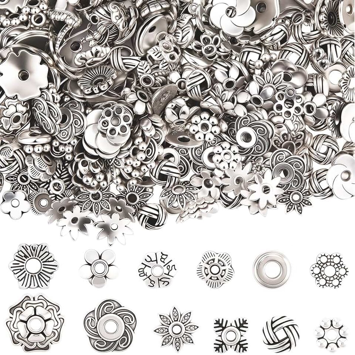 1 doos 384PCS 12 stijlen zilveren antieke Tibetaanse spacer metalen kralen geassorteerde bloem schijf platte ronde spacers vintage legering losse bedels kraal voor Sieraden Maken Armband Oo