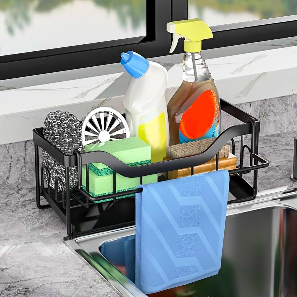 Zwart, keuken-gootsteenorganizer, sponshouder met zelflegende afvoer, gootsteenorganizer, keuken, afwasmiddelhouder, spoeldoekhouder, spoelbak-organizer, spoelbakplank