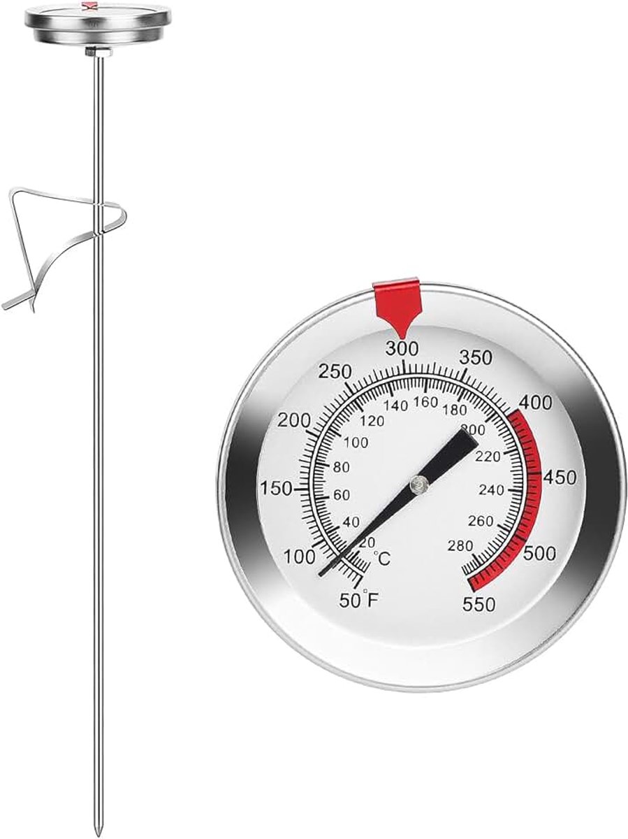 Koffiethermometer, frituurthermometer met klem, 30 cm, roestvrij staal, braadthermometer, 20 ~ 280 °C, analoog voor vlees- en oventemperatuur