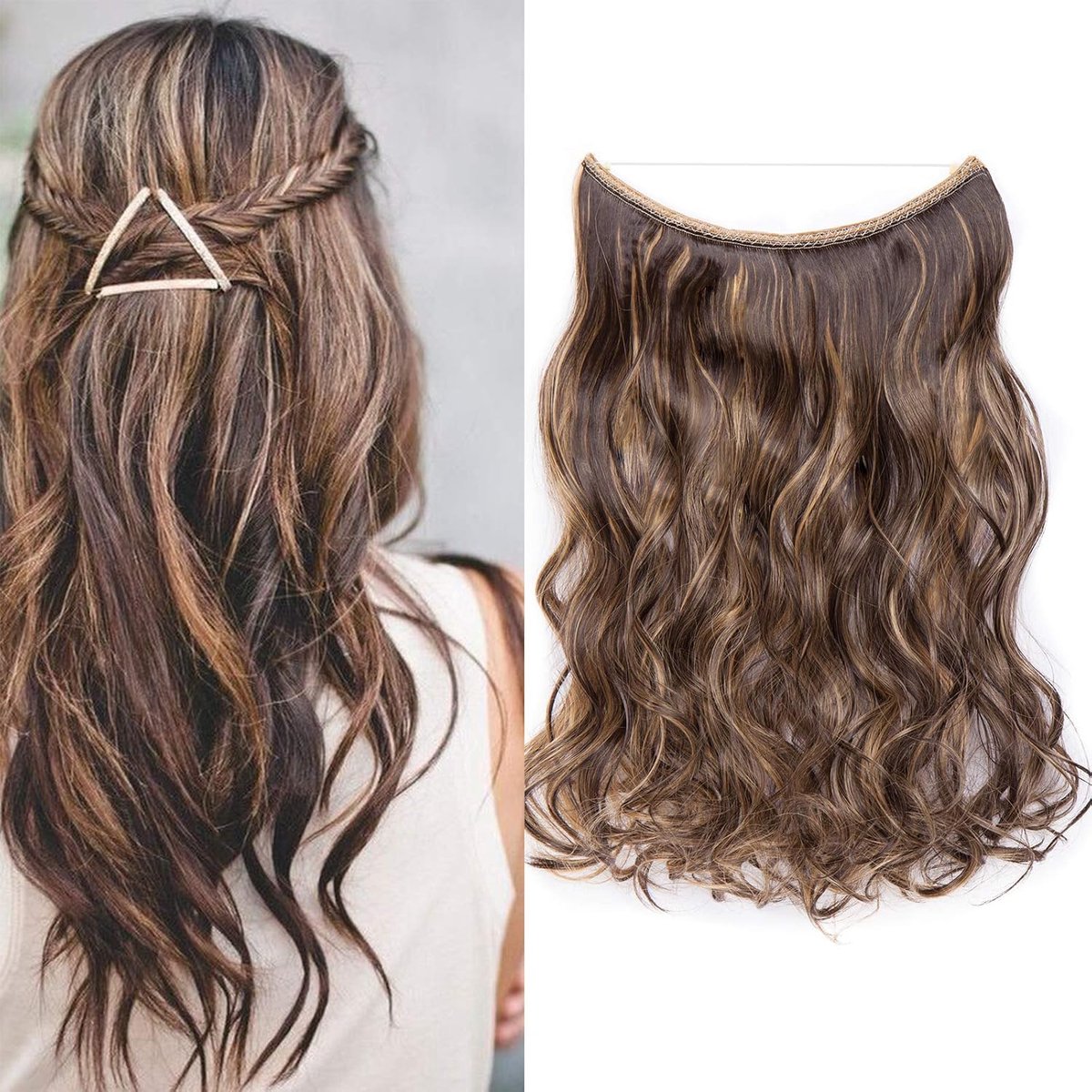 Haarverlenging met onzichtbare draad, eenheidsmaat, 50 cm, transparante draad, One Piece voor krullend haar, chocoladebruin mix bruin
