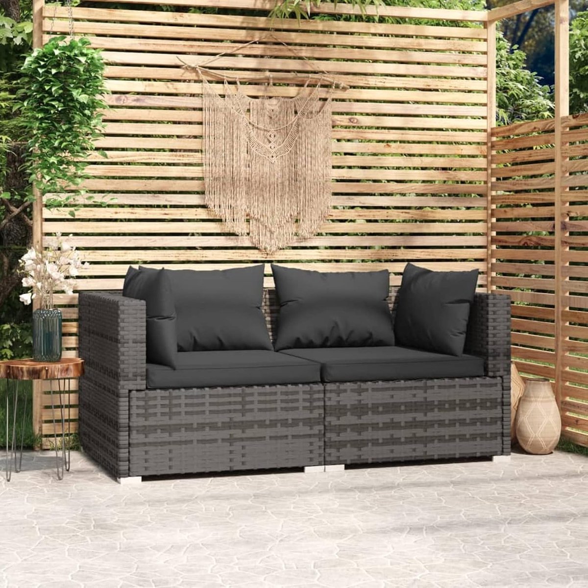 2-zitsbank met kussen, rotan tuinbank, outdoorbank, met kussens, meubels, terras, buiten, huis, sectionele bank, grijs
