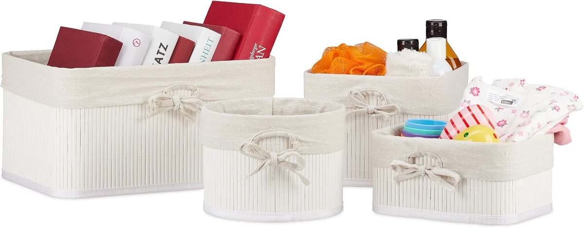 8-delige set opbergmanden, van bamboe met stoffen bekleding, 4 maten, voor plank en kast, badkamer, cosmetica en handdoeken, wit
