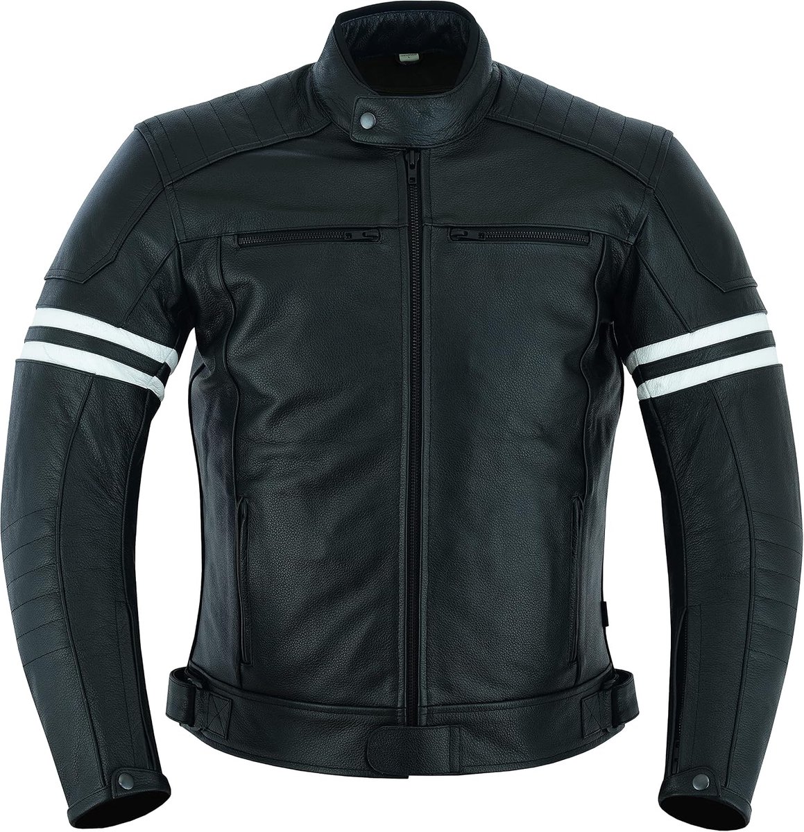 Heren Leren Motorjack - Touring Motorjack met Echte Biker CE Bescherming (EN 1621-1) Bescherming Café Racer Design - Zwart met Witte Strip - XL
