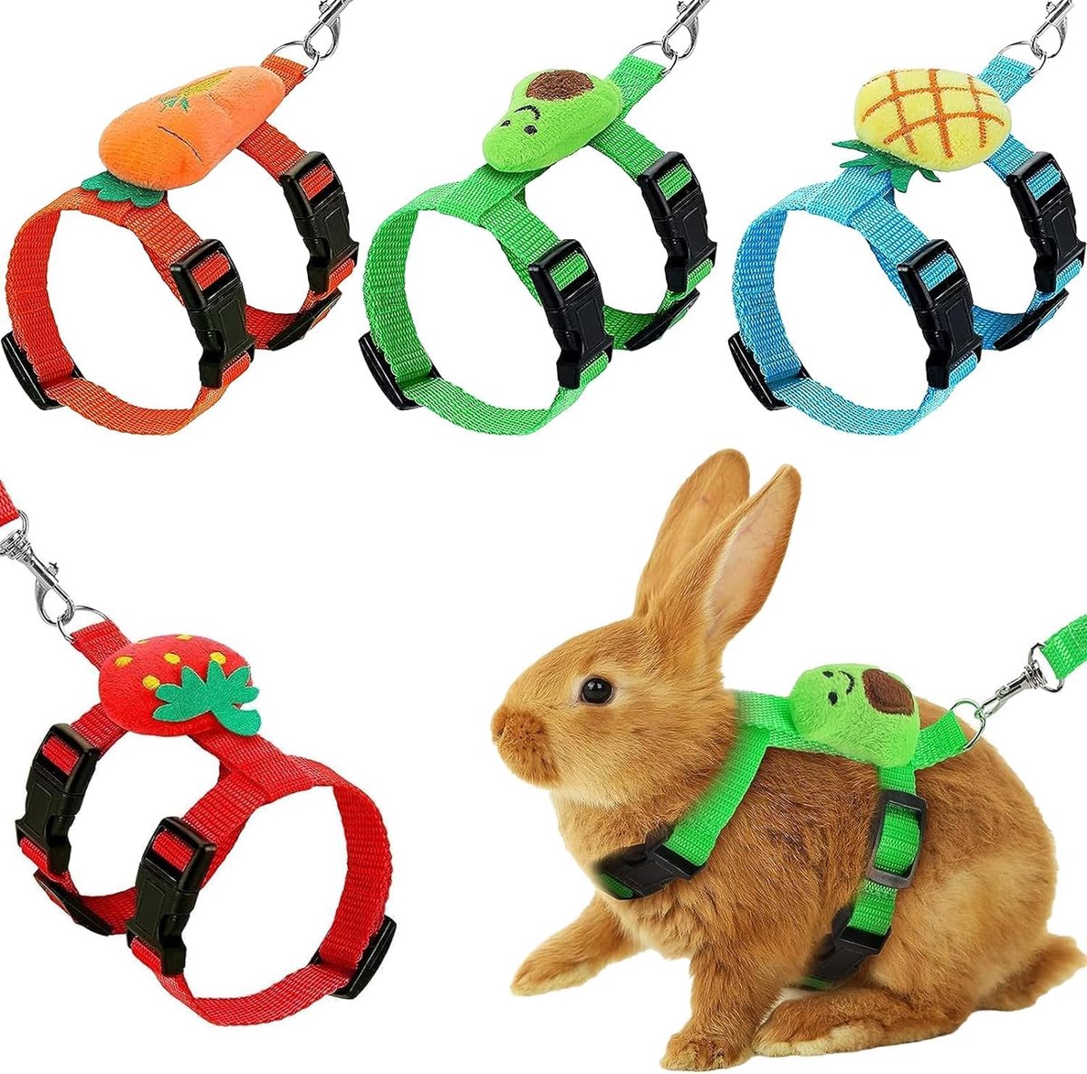 Set van 4 verstelbare konijnenharnas en lijn, voor kleine dieren, schattig vest, harnas, fretten, harnas voor cavia's, fretten, lijn met decoraties voor konijnen en puppy's