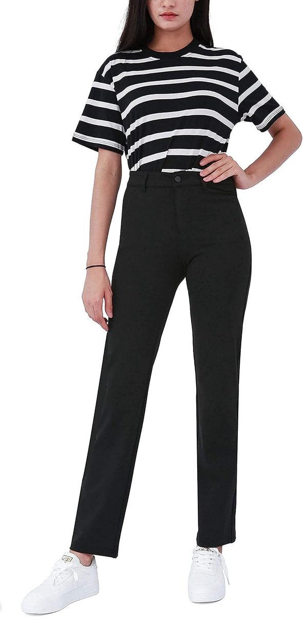 Dames Zwarte Pakbroek Stretch Lange Rechte Benen Broek Middelhoge Taille Voor Zakelijk Huis Kantoor