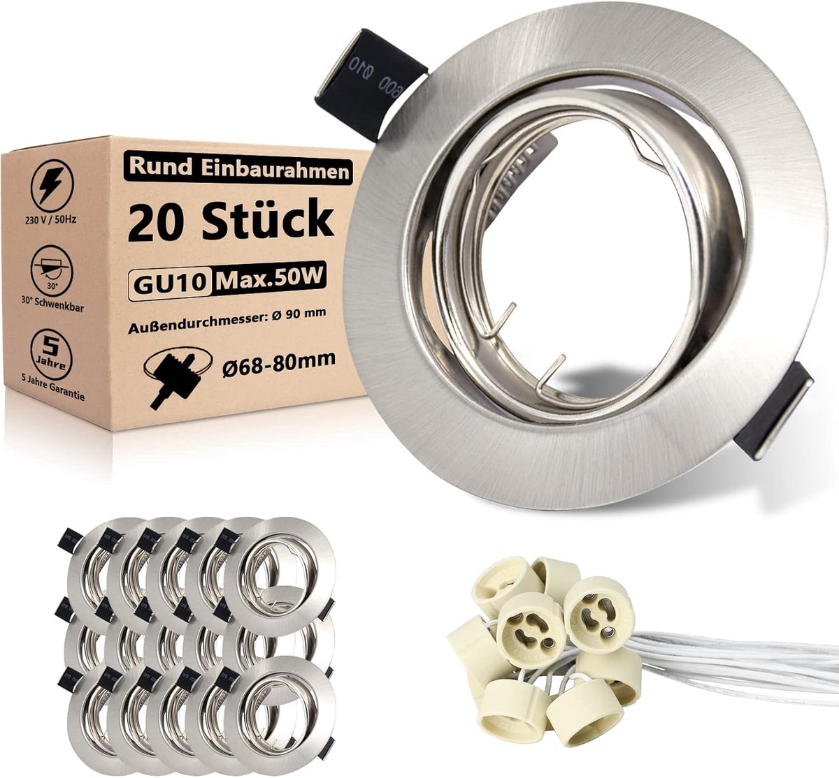 Set van 20 inbouwspots GU10, inbouwframes 230V, 30° zwenkbaar, inbouwarmatuur, 68 mm gatdiameter in geborsteld roestvrij staal look, incl. GU10 fitting voor LED of halogeen (zonder lichtbron