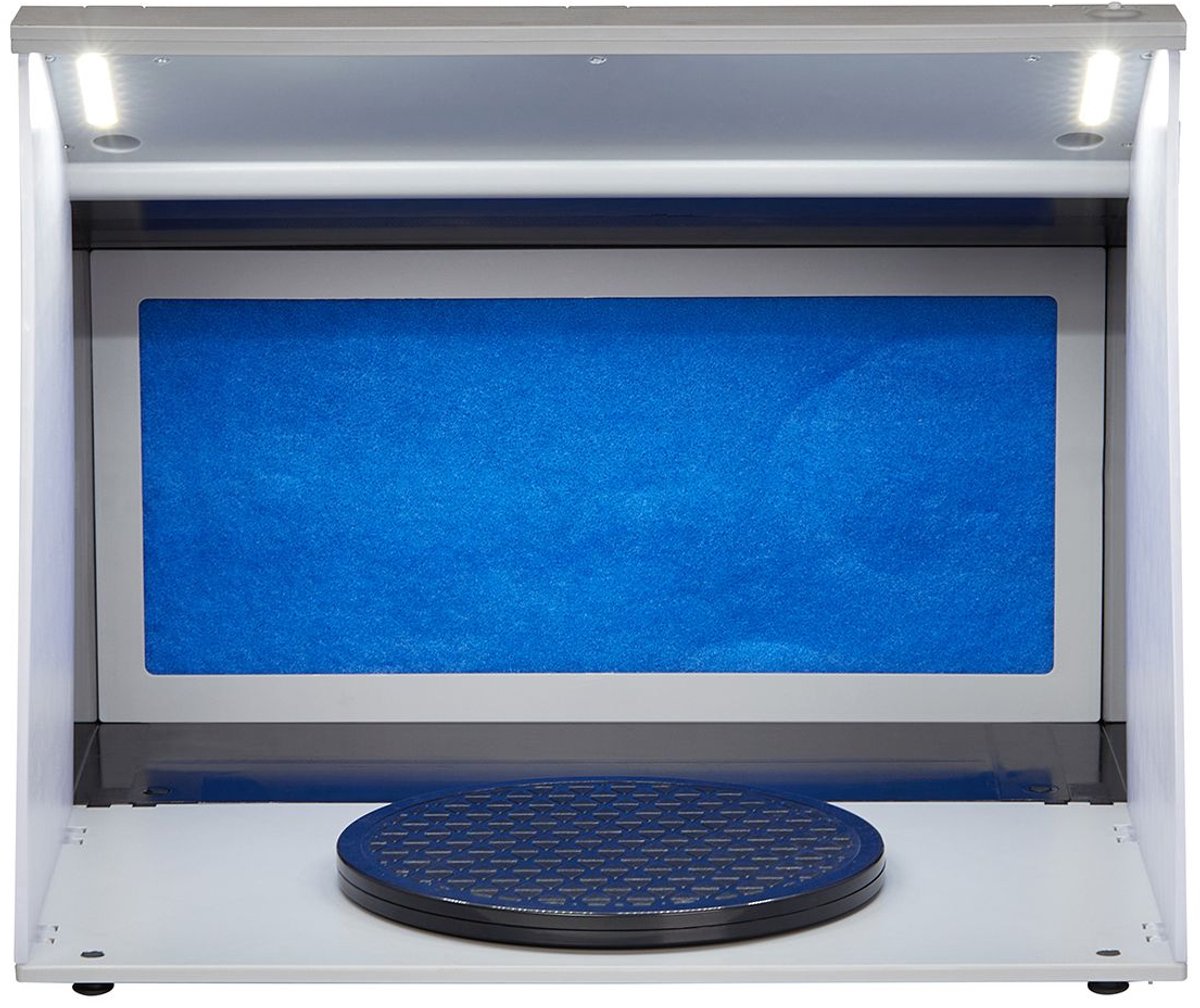 Draagbare airbrush spuitcabine voor hobbyisten- met 4 ledlampen- krachtige dubbele afzuigventilatoren- draaiplateau en 1-8 meter verlengslang- voor het beschilderen van modellen- kunst- knutselwerk en taarten.