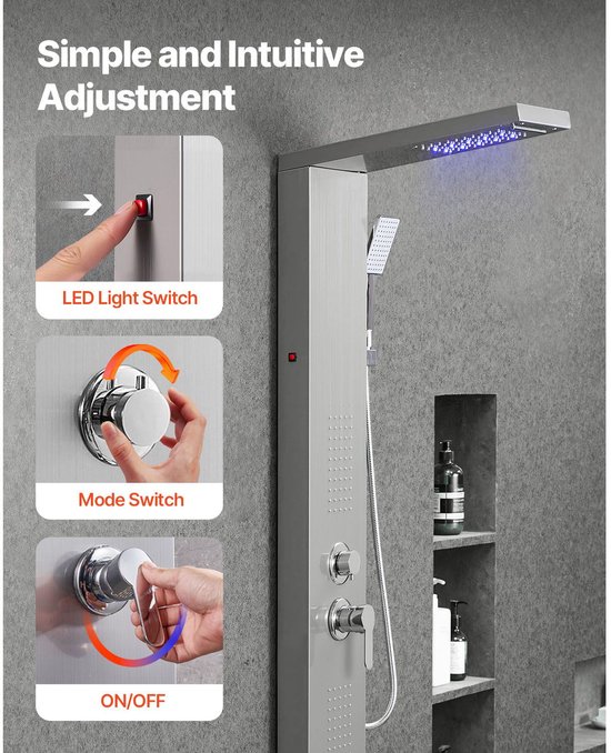 Roestvrijstalen douchepaneel met LED-lichtschakelaar, modusschakelaar en aan/uit-bediening.