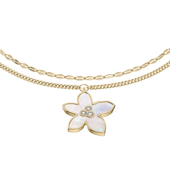 Gouden armband met dubbele ketting en een bloemvormige hanger bezet met parelmoer en drie steentjes.
