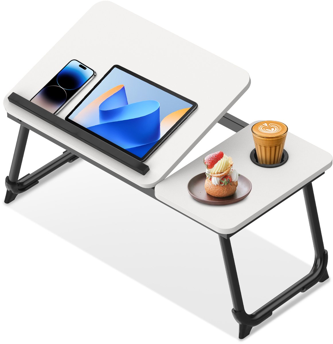 Arvioo‑Opvouwbare‑laptoptafel‑voor‑bed‑5‑verstelbare‑hoeken‑met‑bekerhouder‑wit