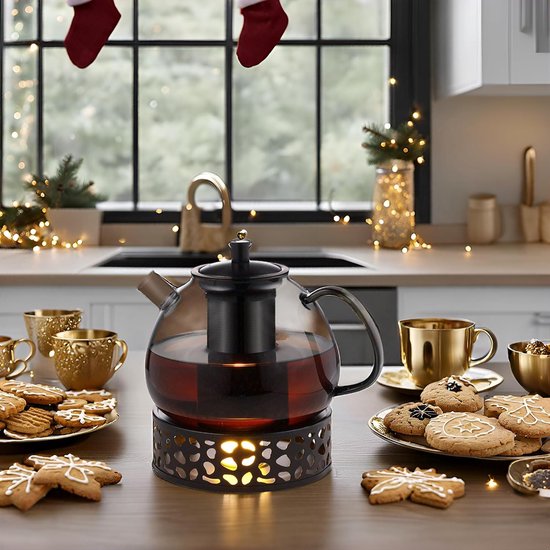 Warmhoudschaal - Roestvrijstalen theepotverwarmer - met theelichthouder - Theelichthouder - Theeset - Roestvrij staal - 15 cm - Geschikt om thee, koffie en melk warm te houden - Zwart - 1 stuk — afbeelding 2