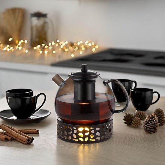 Warmhoudschaal - Roestvrijstalen theepotverwarmer - met theelichthouder - Theelichthouder - Theeset - Roestvrij staal - 15 cm - Geschikt om thee, koffie en melk warm te houden - Zwart - 1 stuk — afbeelding 4