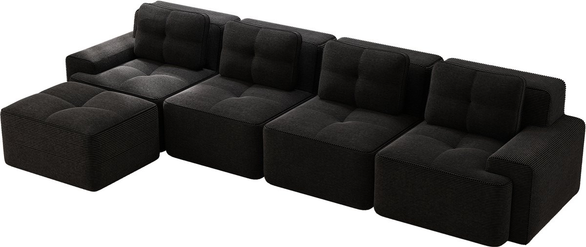 Merax L-vormige woonkamer 4-zits bank - chaise longue modulebank - corduroy diepe zits wolkbank - geen montage nodig - antislip ontwerp - zwart