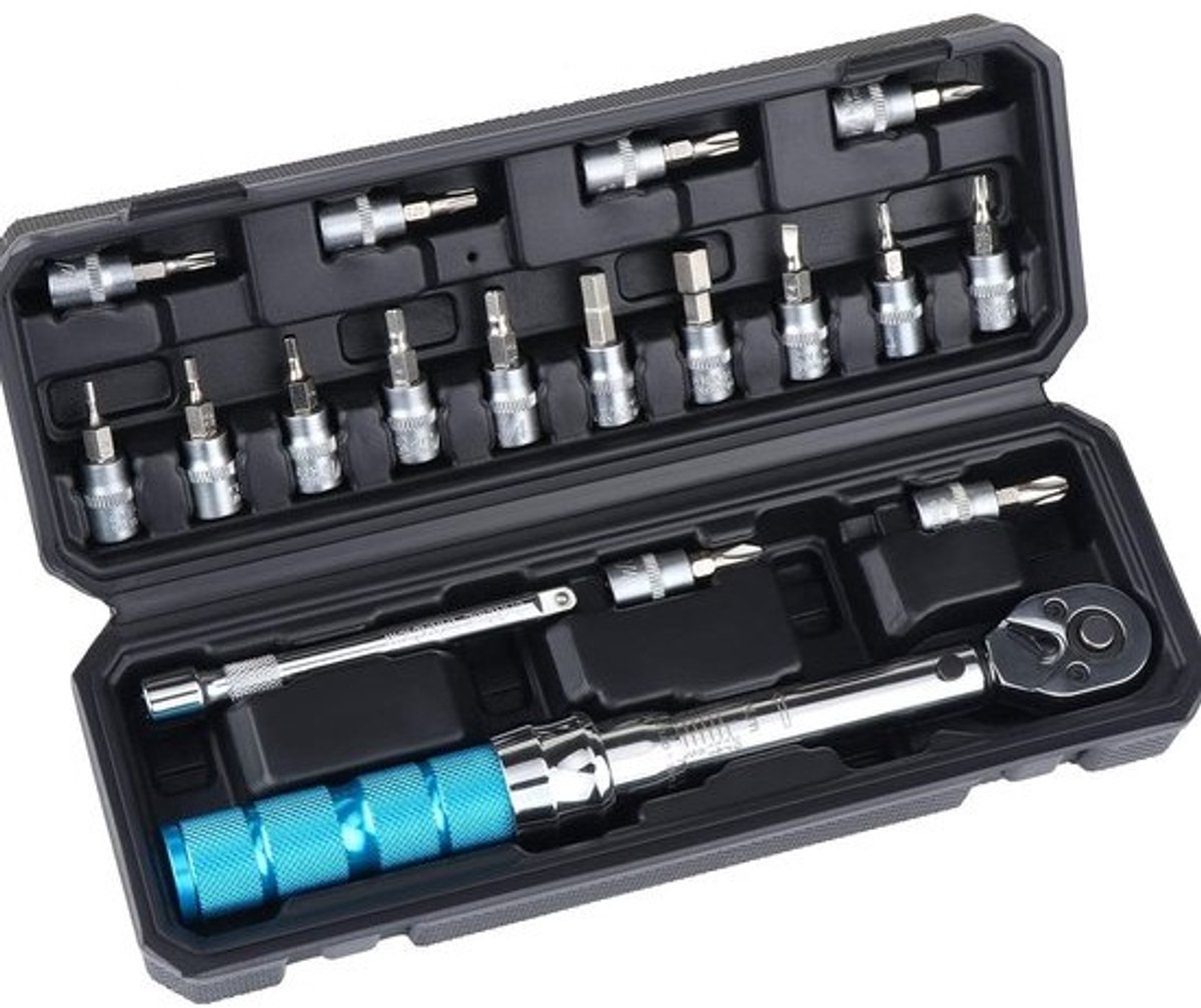 Fietsmomentsleutelset 1/4 inch, 2-20 Nm, 18-delig, met ratelgereedschap en diverse doppen