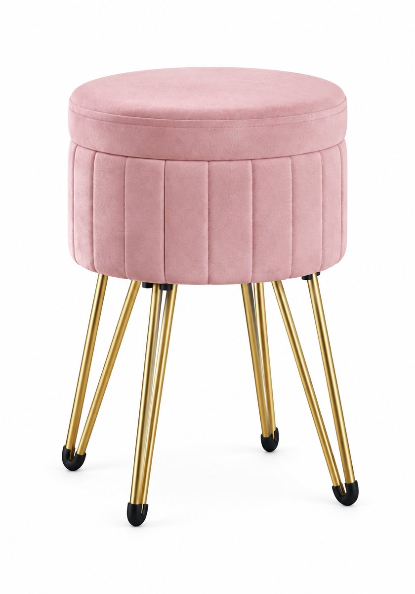 Vurnomi Make up stoel - Kruk - Opbergbox - Zitkruk - Opbergpoef - Hocker - Voetenbankje - Metalen poten - 30 x 30 x 30 - Roze