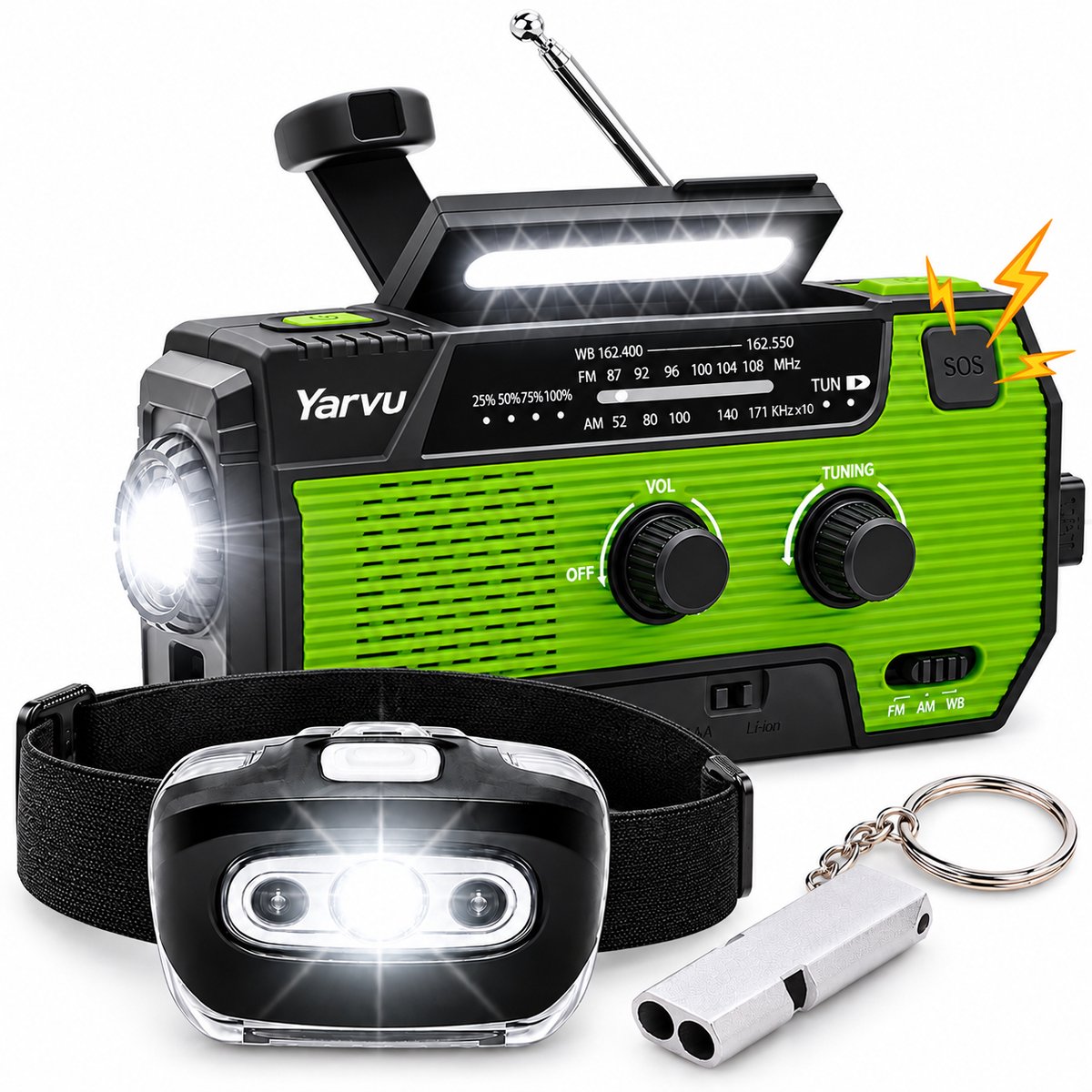 Noodradio op Batterijen + HoofdLamp LED op Batterijen + Noodfluit - Noodpakket - 6 in 1 Nood Radio - Nood Pakket - Groen