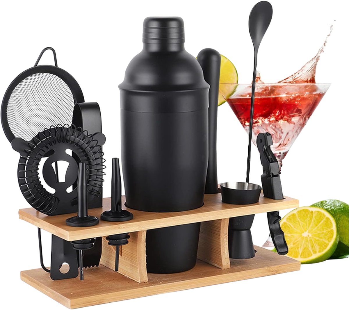Verte - Cocktail Shaker Set - 11-Delige Bartenderset - Muddler Voor Cocktails - Boston-Shaker Van 25 Oz - Baraccessoires Met Stijlvolle Bamboestandaard - Set Voor Het Mixen Van Drankjes - Perfecte Martiniset Met Boekje Met Cocktailrecepten