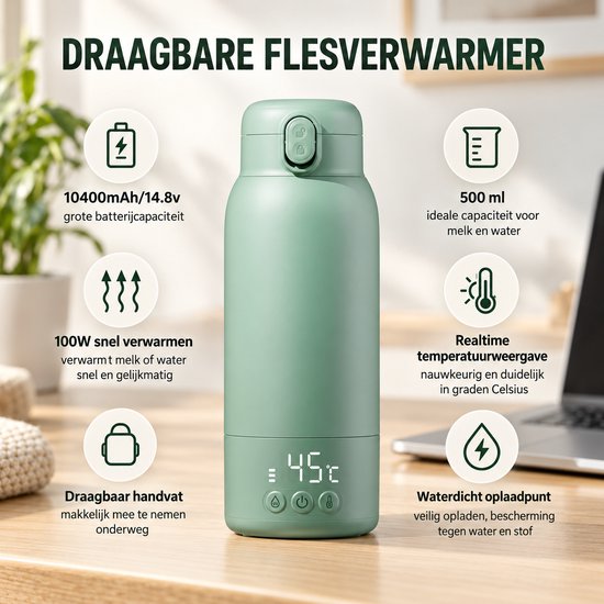 Nexeli NX-MW-03 Draagbare Flessenwarmer – 500ml – 100W – 10.400 mAh – 45W Snelladen – Draadloos – Melkverwarmer voor Baby – Gradient Green — afbeelding 3