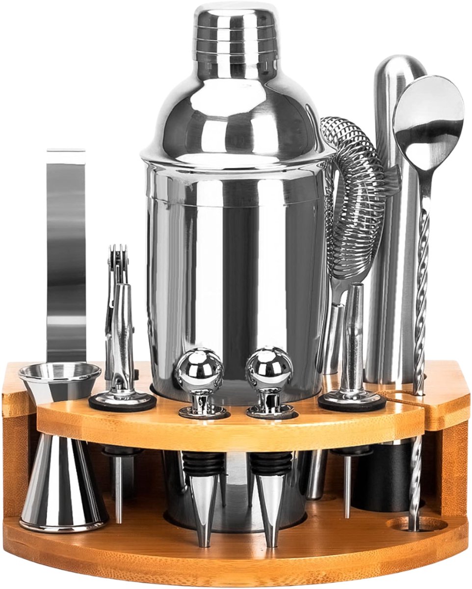 Verte - Cocktail Shaker Set - 12-Delige Roestvrijstalen Cocktailbarman-Set - Cocktailshaker Van 750 Ml - Cocktailbarman-Set Met Houten Standaard - Voor Thuis Of In De Bar