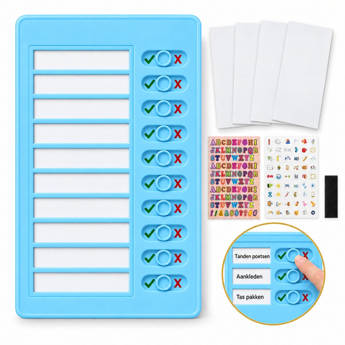 DIVERZA To Do Planner – Herbruikbaar Takenbord voor Kinderen & Volwassenen met 10 Schuifjes – Incl. 4 Kaarten & Stickers – Dagplanner 20x12 cm – Blauw