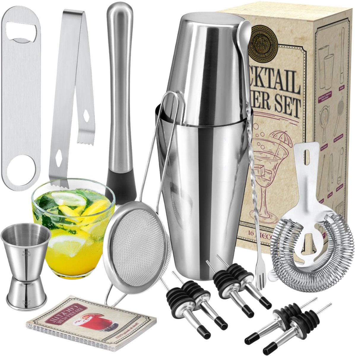 Verte - Cocktail Shaker Set - 16-Delige Cocktailshakerset - Roestvrijstalen Baraccessoires Voor Thuisbar - Boston Shaker-Cadeauset