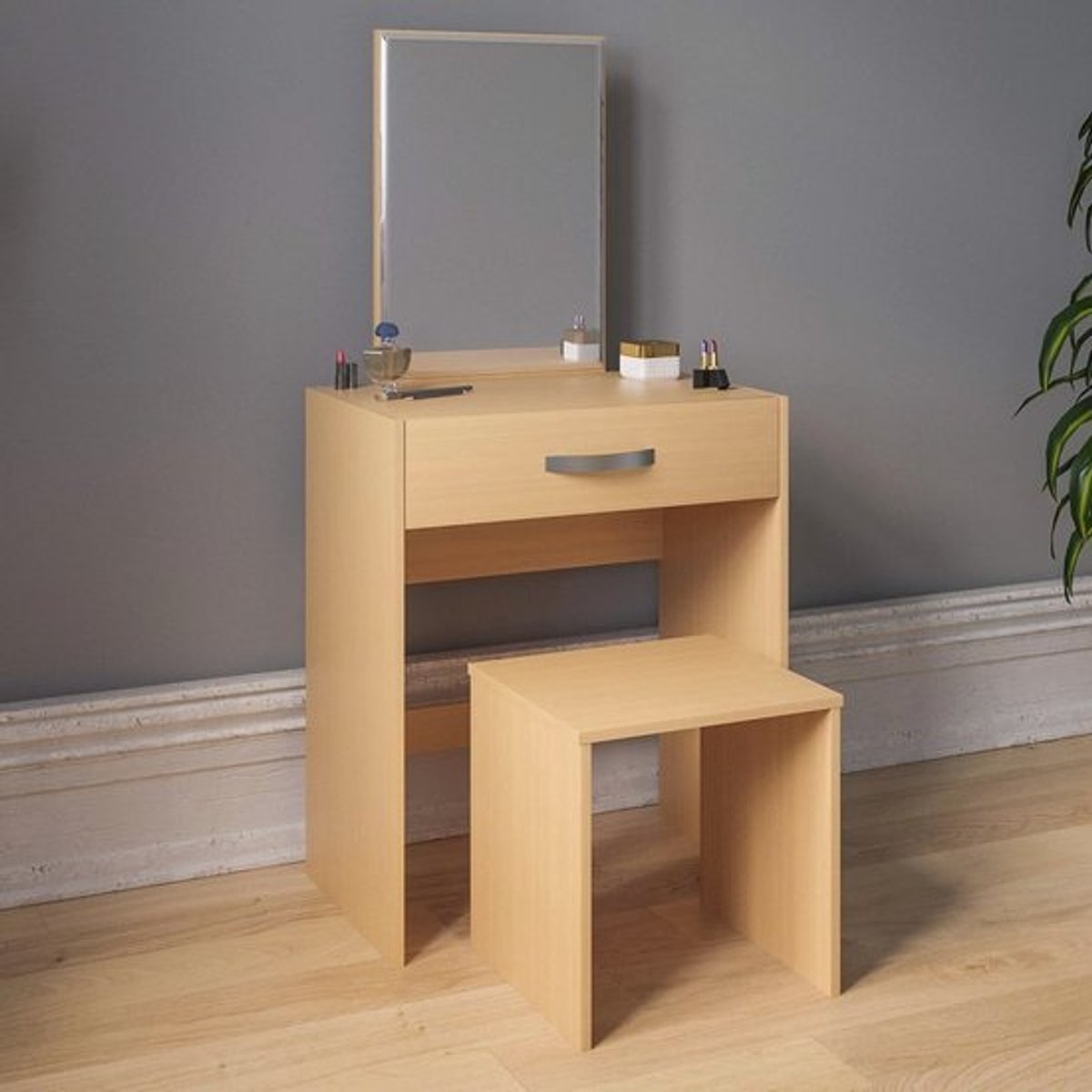Kaptafel met spiegel en kruk voor slaapkamer - Make-up tafel met lade, grenen