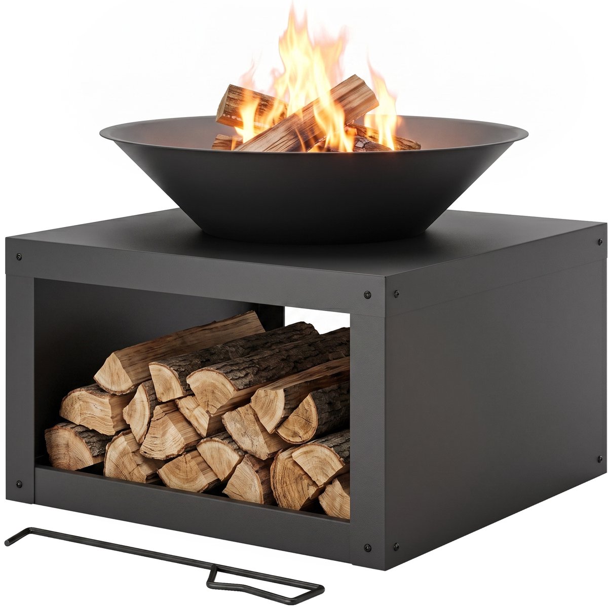 Ronde vuurschaal 59 cm - Vuurschaal met houtopslag - Zwarte metalen vuurkorf - 60x60x49,5 cm - Hout en houtskool - Terrasverwarming Zwart