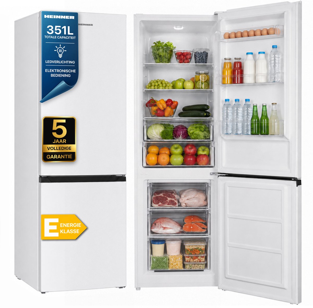 Heinner HC-HM315E++ Koel-vriescombinatie – 315 L – Energieklasse E – Elektronische Bediening met Instelbare Thermostaat – LED-verlichting – Omkeerbare Deur – Wit – 5 Jaar Garantie