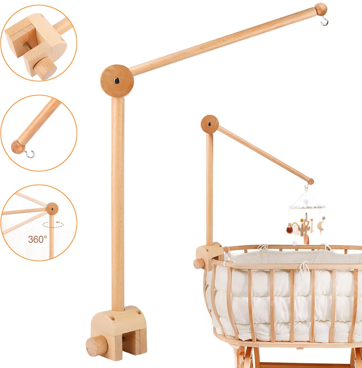 Houten Houder Voor Babybed - 360° Draaibare Houder Voor Babymobiel - Mobielhouder Voor Babybed - In Hoogte Verstelbaar