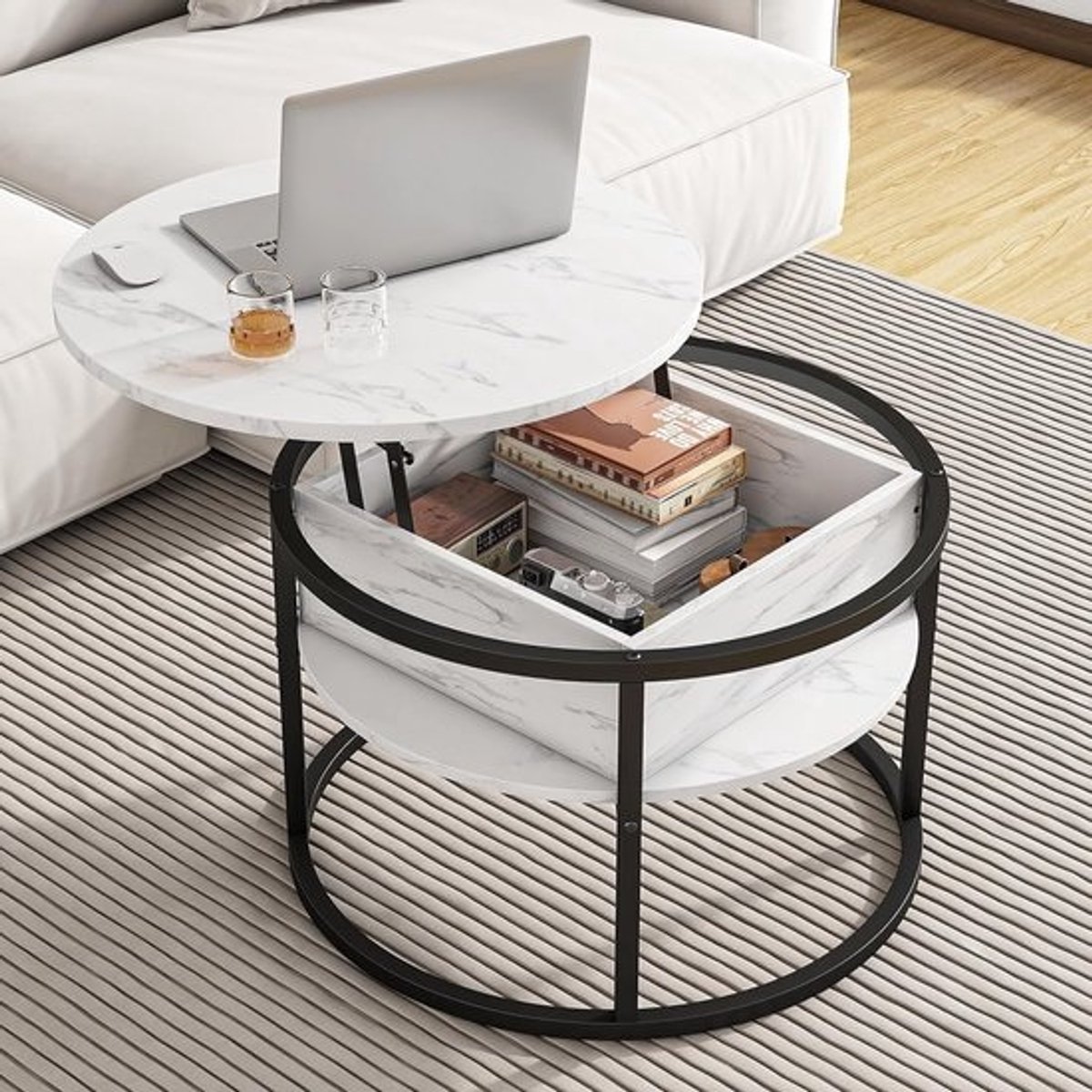 Moderne ronde salontafel met lifttop en verborgen opbergruimte