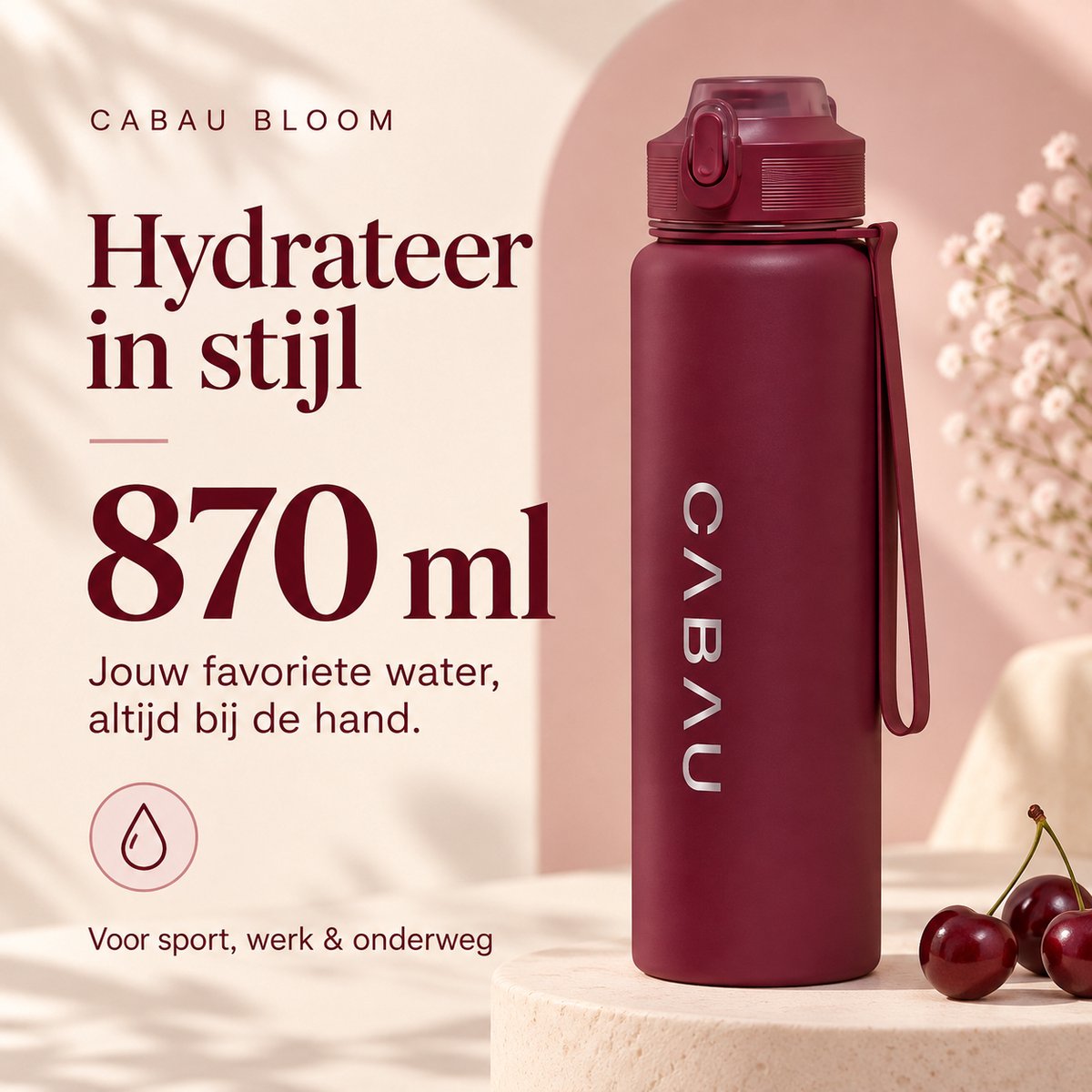 Cabau – Bloom Waterfles Staal – 870 ml – Cherry – Roestvrijstalen Drinkfles met Rietje – BPA-vrij & Lekvrij – Thermosfles voor Sporten, Werk en Onderweg — cadeau in Sport & Outdoor - foto 3
