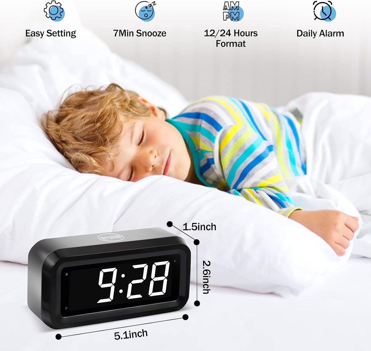 Digitale wekker - Zwart en wit - 13 x 3,8 x 6,6 cm - Batterijgevoede LED-klok met 12/24 uur - Voor slaapkamer en bureau