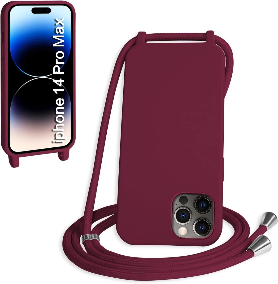 Hoesje met touw voor iPhone 14 Pro MAX, vloeibare siliconen hoes met verstelbare lanyard, nekband, schokbestendige hoes met microfiber voering (rood)