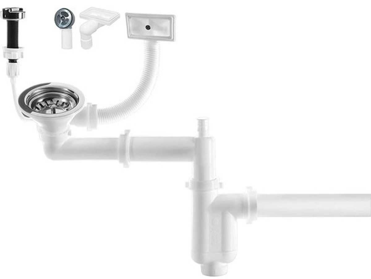 Afvoergarnituur, gootsteenafvoerset, sifon met overloop, met automatische spoelbak, zeefkorfventiel 3,5 inch, voor gootsteen, aansluiting op was- of vaatwassers